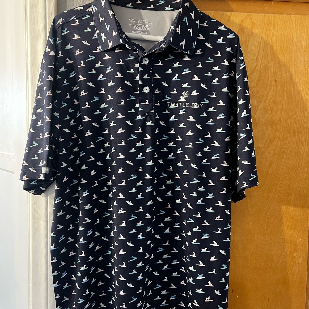 Turtle Bay Black Polo Shirt with White and Blue Pattern